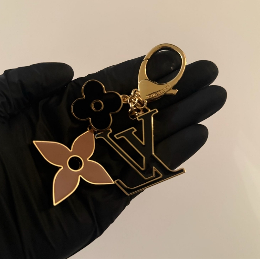 Louis Vuitton LV Logo Monogram Flower Bag Charm Key Holder Gold Black Brown